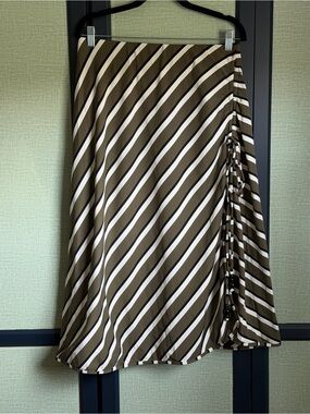 Solid & Striped Olive Green Diagonal Stipe Ruched High Slit Midi Skirt, Size XL